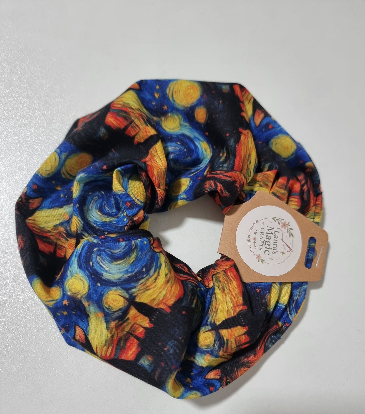 Art Inspired Midnight Cat Under the Stars Scrunchie