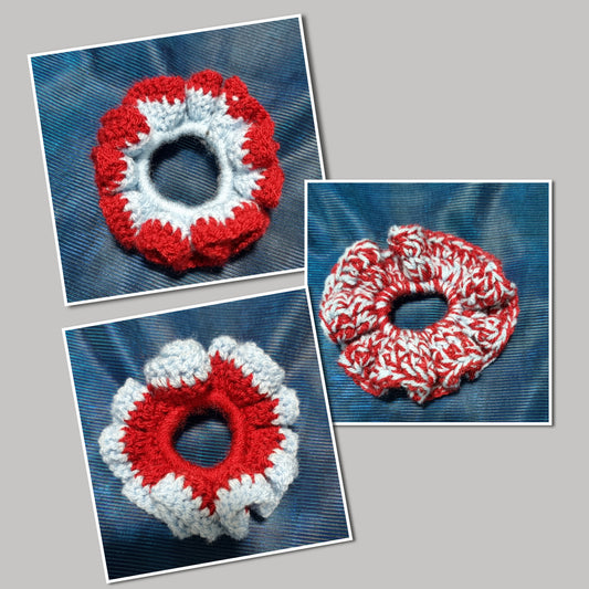 Crochet Claret and Blue Scrunchies